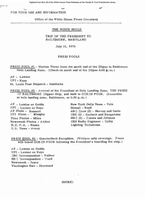 Trip of the President to Baltimore Maryland press pools [Pool Assignments]