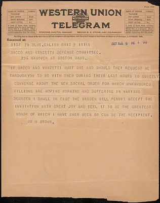 William Montgomery Brown telegram to Sacco-Vanzett Defense Committee, Galion, Ohio, August 9, 1927
