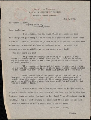 Letter from Robert B. Worthington, Clerk of Courts (Norfolk County) to Thomas L. Bates, Deputy Sheriff (Cohasset, Massachusetts)