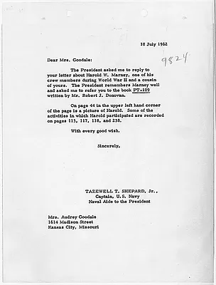 Letter regarding PT-109 crew member Harold W. Marney, 18 July 1962