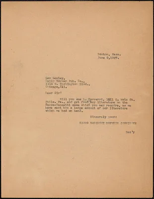 Sacco-Vanzetti Defense Committee typed note (copy) to Leo Lemley, Boston, Mass., June 9, 1927