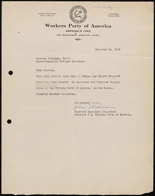 John Ballam (Workers Party of America. District 1) typed letter signed to Felice Guadagni, Boston, Mass., December 14, 1924