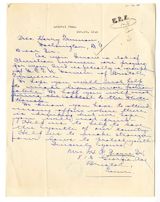 Letter from Mrs. H. R. Sayre to President Harry S. Truman