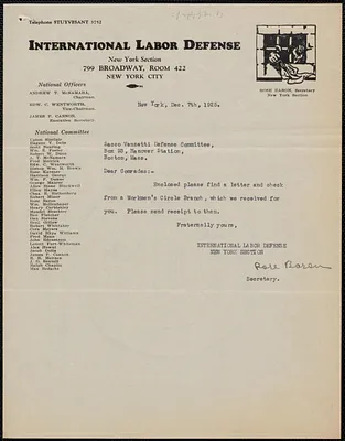 Rose Baron (International Labor Defense) typed note signed to Sacco-Vanzetti Defense Committee, New York, New York, December 7, 1925