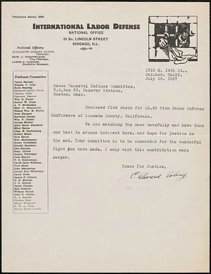 [C. Alward?] Tobey (International Labor Defense) typed note signed to Sacco-Vanzetti Defense Committee, Chicago, Ill., July 19, 1927
