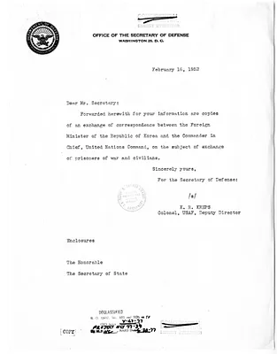 Memorandum from Colonel K. R. Kreps to Secretary of State Dean Acheson, with Attachments and Related Material