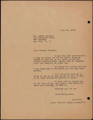 Sacco-Vanzetti Defense Committee typed letter (copy) to Art Shields (The Federated Press), Boston, Mass., July 24, 1925