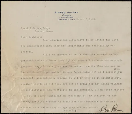 Alfred Holman typed letter signed to Frank R. Lopez, Cincinnati, Ohio, March 5, 1923