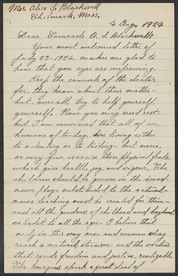 Sacco-Vanzetti Case Records, 1920-1928. Correspondence. Bartolomeo Vanzetti to Mrs. Alice Stone Blackwell, August 4, 1924. Box 39, Folder 41, Harvard Law School Library, Historical & Special Collections