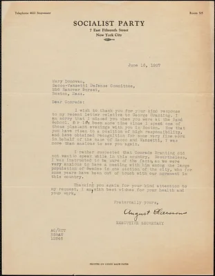 August Clasessens (Socialist Party) typed letter signed to Mary Donovan, New York, N.Y., June 16, 1927