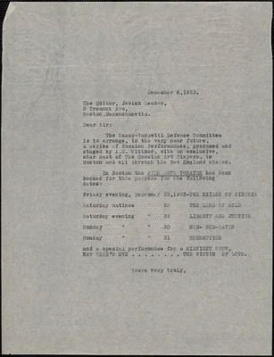 Sacco-Vanzetti Defense Committee typed letter (copy) to Editor, Jewish Leader, Boston, Mass., December 6, 1923