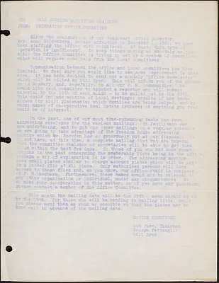 Letter to Fair Housing Committee Chairmen from Federation Office Committee about sending out monthly newsletters