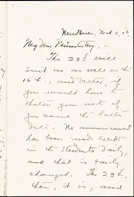 Bakewell, Charles M. (Charles Montague), 1867-1957 autograph letter signed to Hugo Münsterberg, New Haven Conn., 04 March 1906