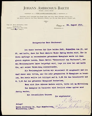 Meiner, Arthur, 1865-1952 typed letter signed to Hugo Münsterberg, Leipzig, Ger., 24 August 1912