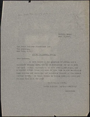 Joseph Moro (Sacco-Vanzetti Defense Committee) typed letter (copy) to India Freedom Foundation, Inc. Attention: Sailendra N. Ghose, Boston, Mass., February 3, 1927