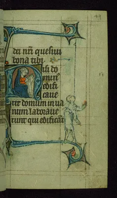 Leaf from Book of Hours: None from Hours of the Virgin, Initial N with a Seated Scribe Writing on a Scroll