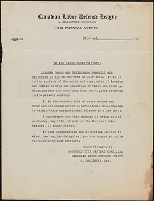 A. Shalinsky (Canadian Labor Defense League) typed document (circular), [May 1927?]