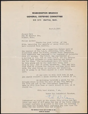 Ed Delany (Washington Branch, General Defense Committee) typed letter signed to Joseph Moro, Seattle, Wash., September 3, 1927