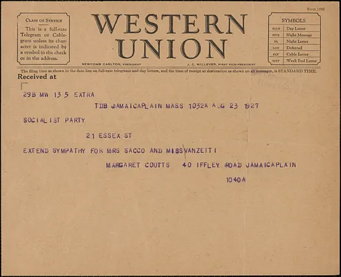 Margaret Coutts telegram to [Rose] Sacco and [Luigia] Vanzetti, Jamaica Plain, Mass., August 23, 1927