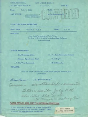 Action Memorandum Regarding Jim Lynn's Memorandum of July 3, 1975 Regarding Letter to Governors on Indochina Refugee Resettlement with Attachments