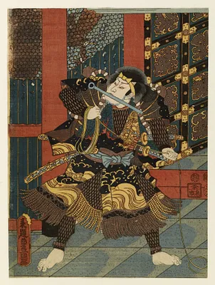 Man at temple gate with a bar in his mouth
