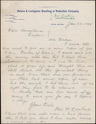 Hal. W. Lombard autograph letter signed to [Victoria Woodhull Martin], Helena, Mont., January 23, 1899
