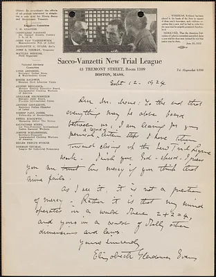 Elizabeth Glendower Evans (Sacco-Vanzetti New Trial League) autograph letter signed to [Fred H.] Moore, Boston, Mass., September 12, 1924
