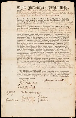Phillip [Philip] Peak indentured to apprentice with Benjamin Scott of Boston, 19 September 1771