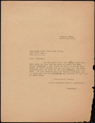 Sacco-Vanzetti Defense Committee typed letter to American Civil Liberties Union, Boston, Mass., April 18, 1927