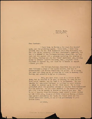 [Louis Bernheimer] typed letter to Gardner [Jackson], Boston, Mass., October 28, 1927