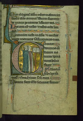 Leaf from Psalter of Jernoul de Camphaing: Initial C with Three Clerics ""Singing"" before Open Book on Lectern