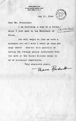 Letter from Eleanor Roosevelt to Harry S. Truman accompanied by a copy of a letter from Eleanor Roosevelt to George C. Marshall