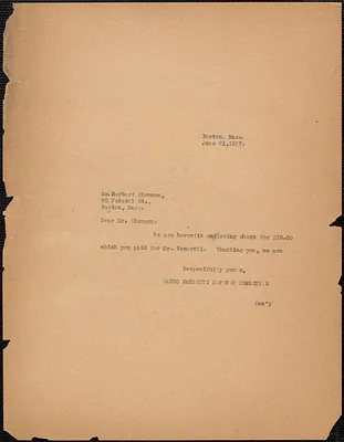 Sacco-Vanzetti Defense Committee typed note (copy) to Herbert Ehermann, Boston, Mass., June 21, 1927