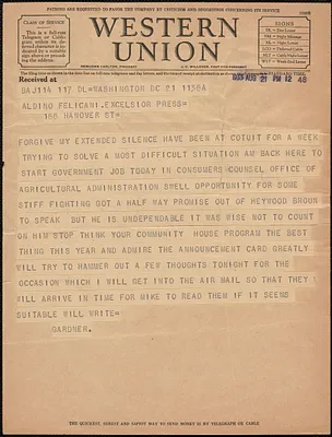 Gardner [Jackson] telegram to Aldino Felicani, Washington, D. C., August 21, 1933