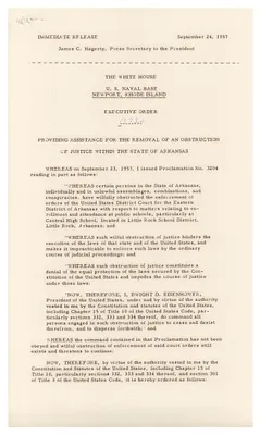 Press Release, Executive Order 10730, Providing for the Removal of an Obstruction of Justice within the State of Arkansas