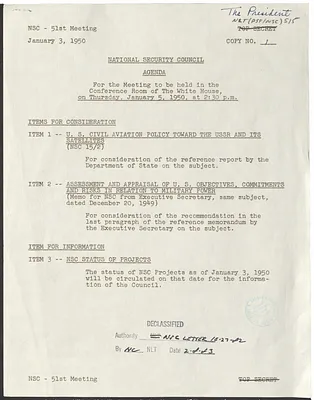 Agenda for the Fifty-First Meeting of the National Security Council