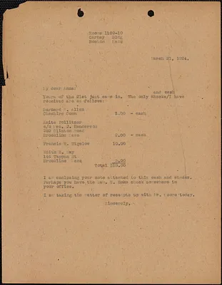[Billie] typed letter (copy) to Anna [Bloom], Boston, Mass., March 21, 1924