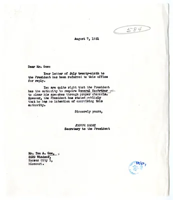 Letter from Tom Goe to President Harry S. Truman with a Reply from Joseph Short