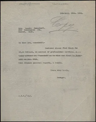 A.G. Wittner typed letter (copy) to Scenia Russakoff, Boston, Mass., February 28, 1924