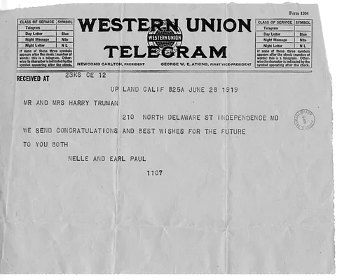 Telegram from Nellie and Earl Paul to Bess and Harry S. Truman