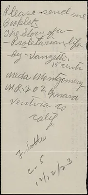 Meda Montgomery autograph note signed to Sacco-Vanzetti Defense Committee, Oxnard, Calif., October 24, 1923