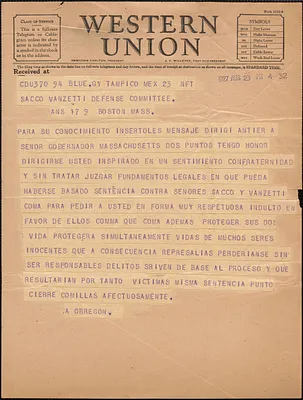 A. Obregon telegram, in Spanish, to Sacco-Vanzetti Defense Committee, Tampico, Mexico, August 25, 1927