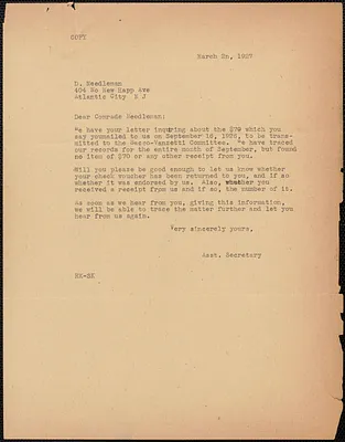 Sacco-Vanzetti Defense Committee typed letter (copy) to D. Needleman, Boston, Mass., March 2, 1927