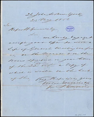Rufus Wilmot Griswold, New York, autograph letter signed to Virtue Emmins & Co., 22 May 1856