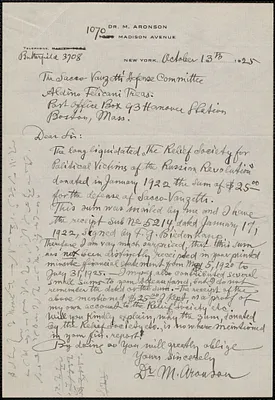 M. Aronson autograph letter signed to Aldino Felicani, New York, N.Y., October 13, 1925
