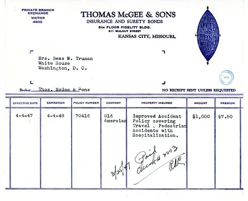 Bill from Thomas McGee and Sons Insurance for Bess W. Truman