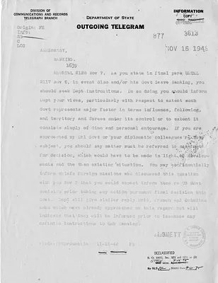 Outgoing Telegram from Acting Secretary of State Robert Lovett to the United States Embassy in Nanking, China