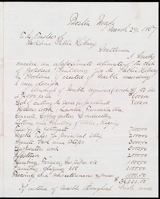 Estimates for marble work in first plan for library building