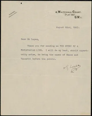 Herbert George Wells typed letter signed to Frank R. Lopez, London, Eng., August 22, 1923