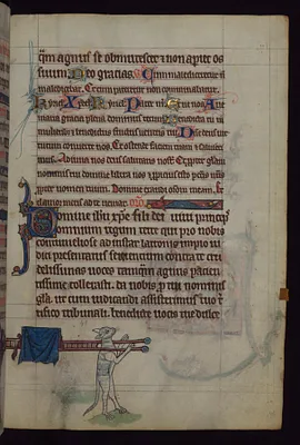Tibert the Cat carrying the front of Renard the Fox's bier, from a marginal cycle of images of the funeral of Renard the Fox